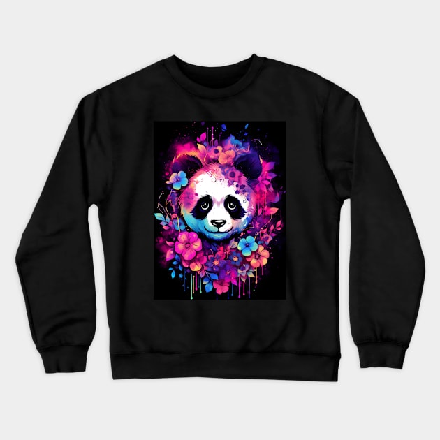 Pretty panda surround in bright colorful tropical flowers Crewneck Sweatshirt by Purple Dewdrop Designs